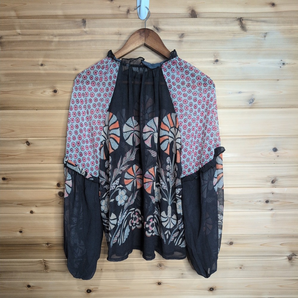 Anthropologie Floral Mixed Print Ruffle Neck Balloon Sleeve Blouse Small - Picture 5 of 11
